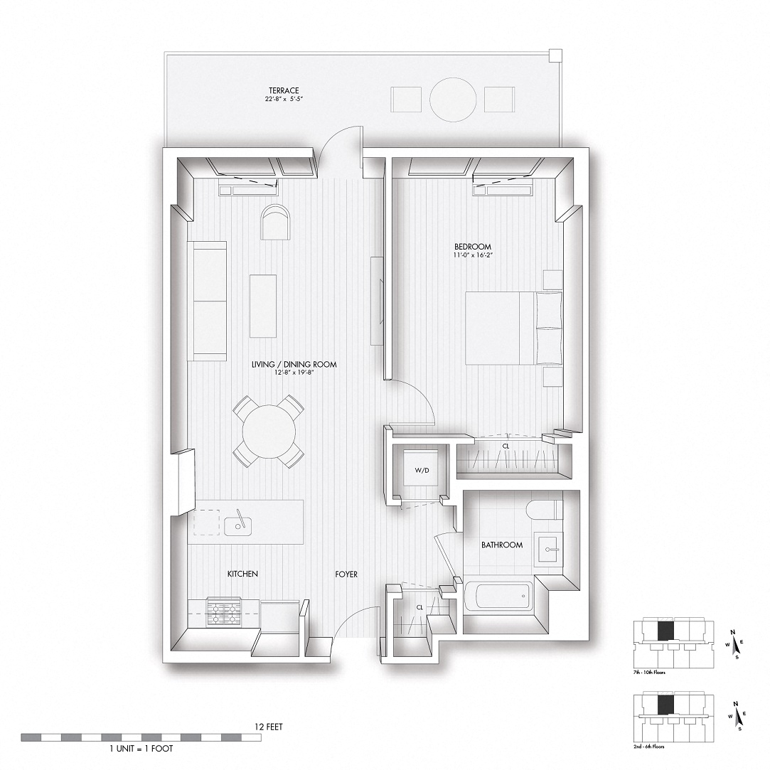 Floor plan for 1 bed, 1 bath, 705 sqft